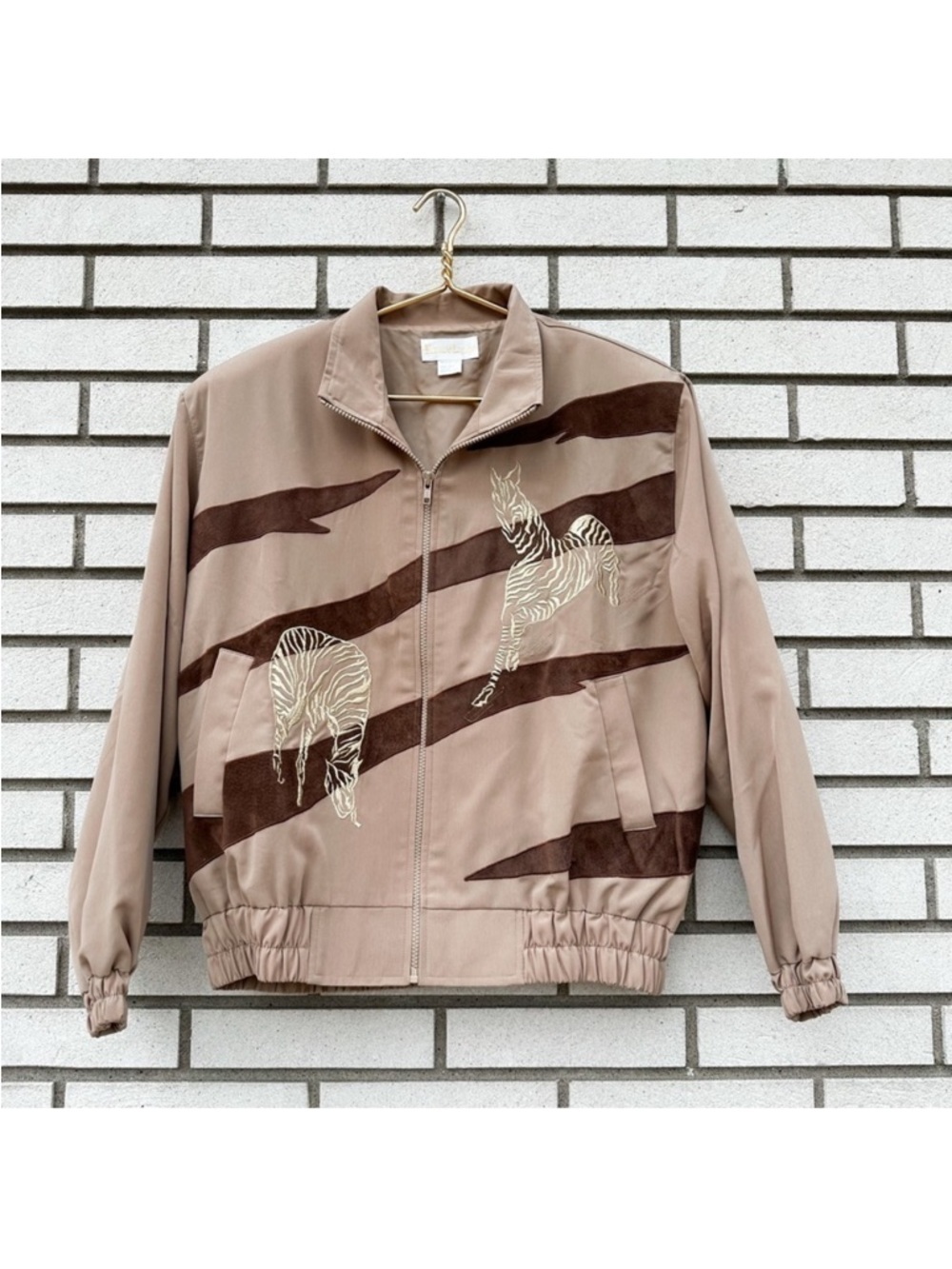 Vintage Kelly Lynn Zebra Embroidered Safari Jacket Tan Brown 90s Windbreaker L